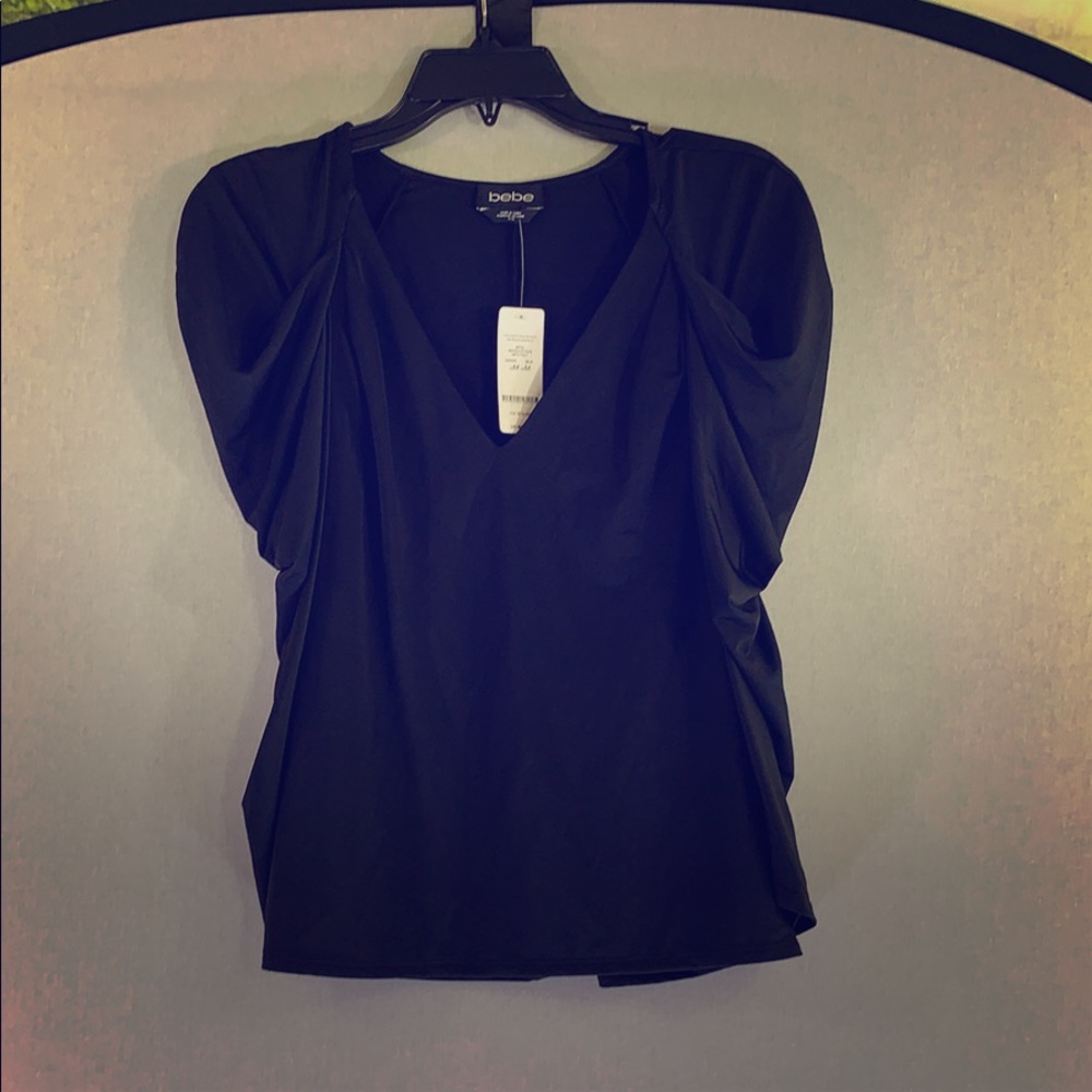 Puff gathered sleeves black Bebe top